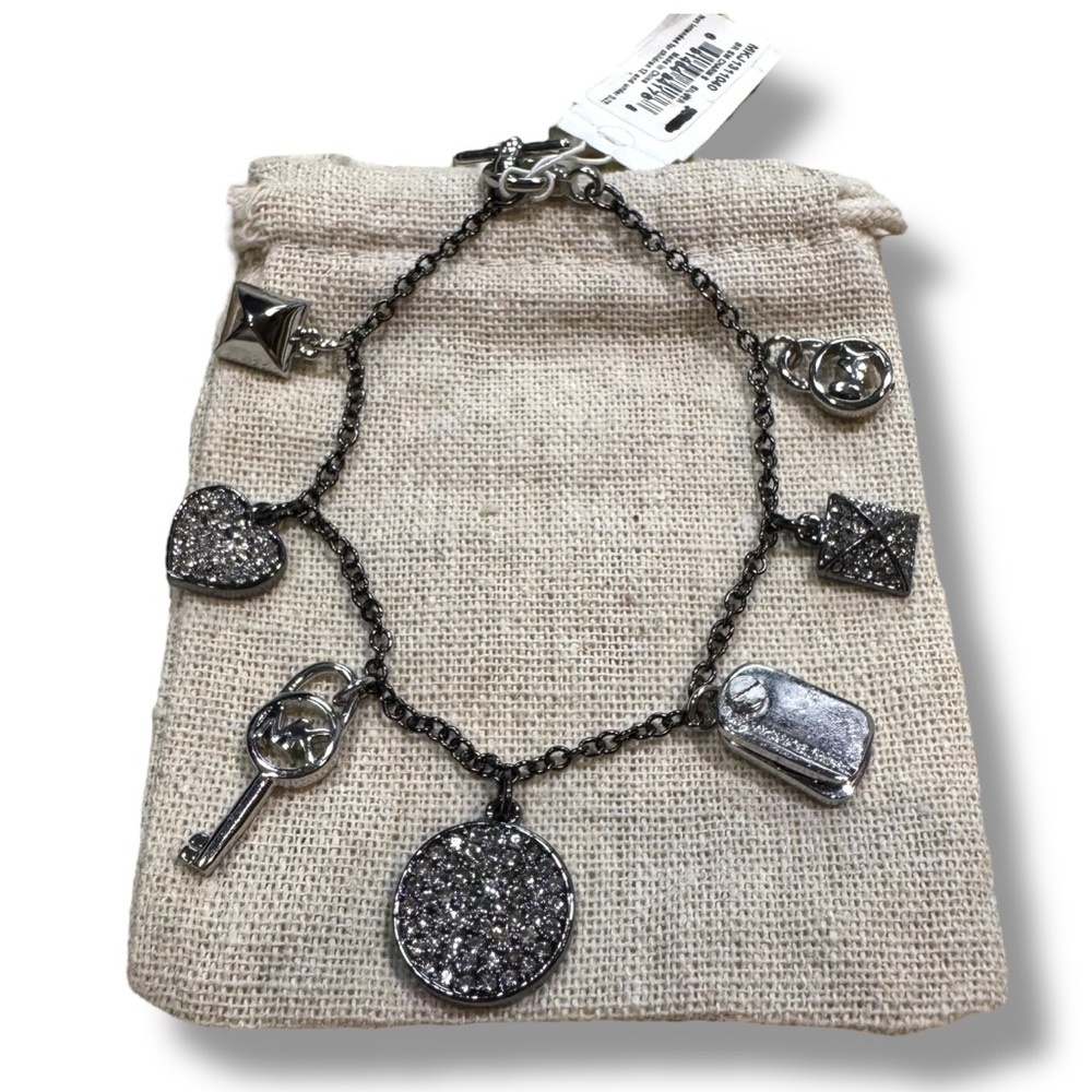 NWT Michael Kors Silver Gunmetal Toggle Clasp Charm Bracelet